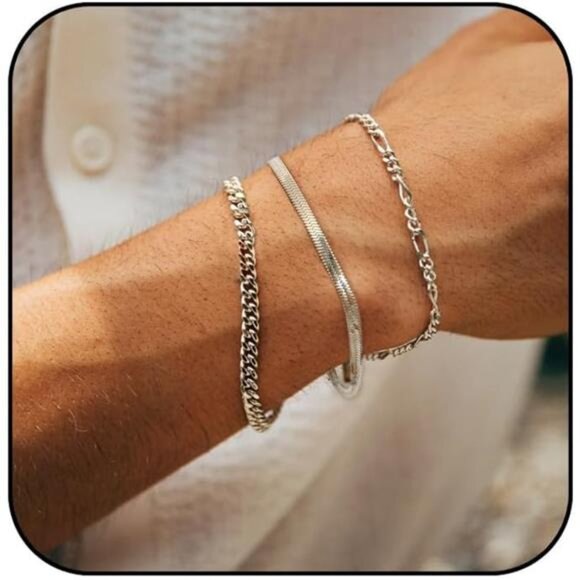 3-Piece Silver Stainless Steel Men's Bracelet SetAdjustable Cuban Chains